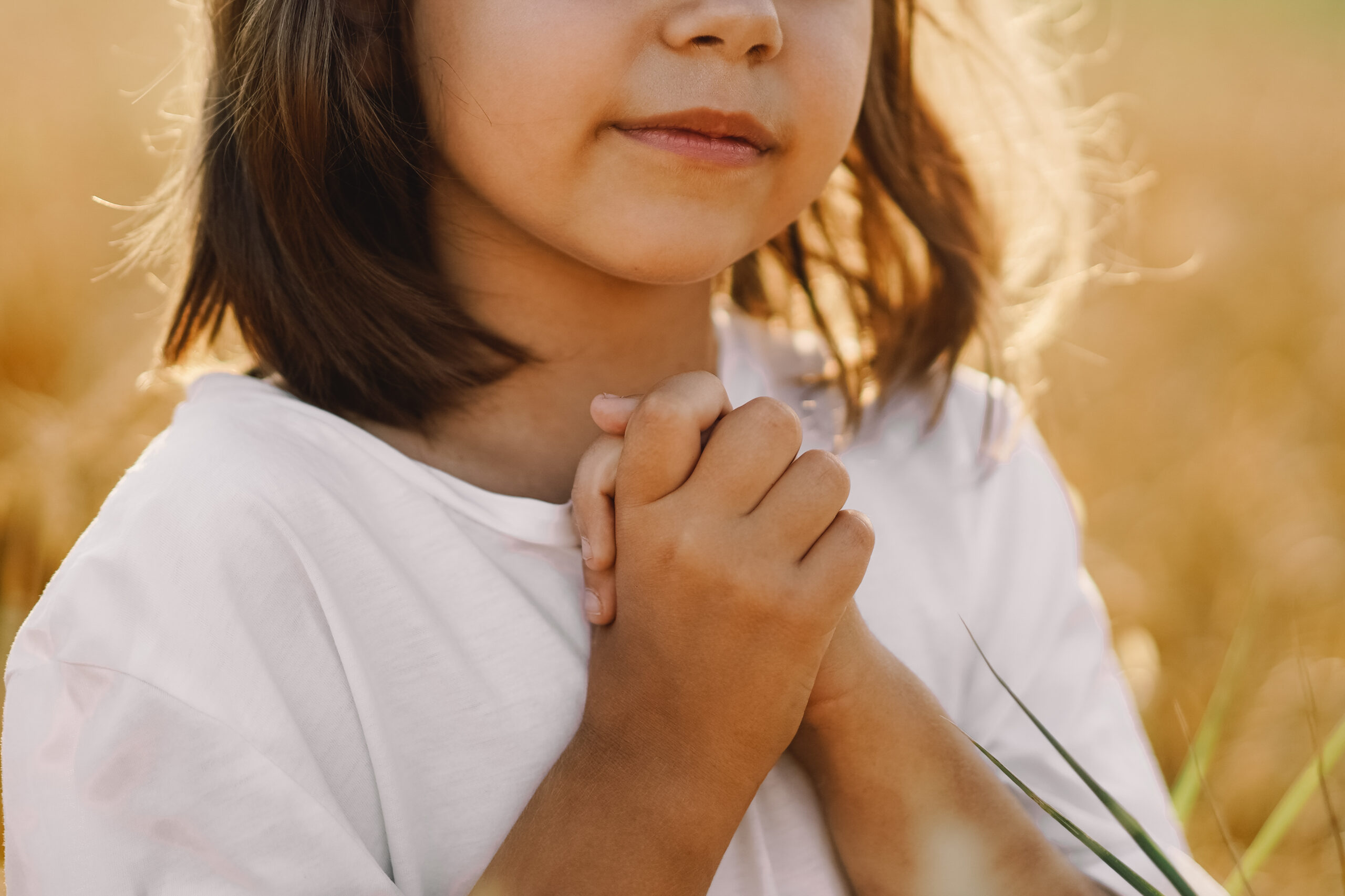 Little Girl closed her eyes, praying in a field wheat. Hands folded in prayer. Religion concept